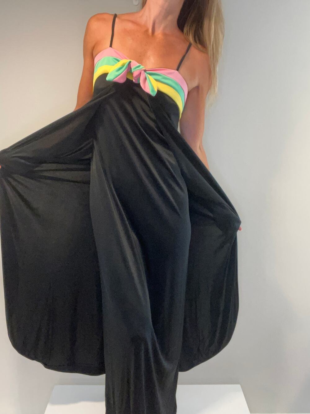 Vintage 1970s Mannequin Maxi Dress Rainbow Top w Flyaway Sides Black Medium 8 JL
